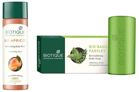 Biotique Bio Apricot Refreshing Body Wash, 190ml & Basil And Parsley Revitalizing Body Soap, 150g Combo