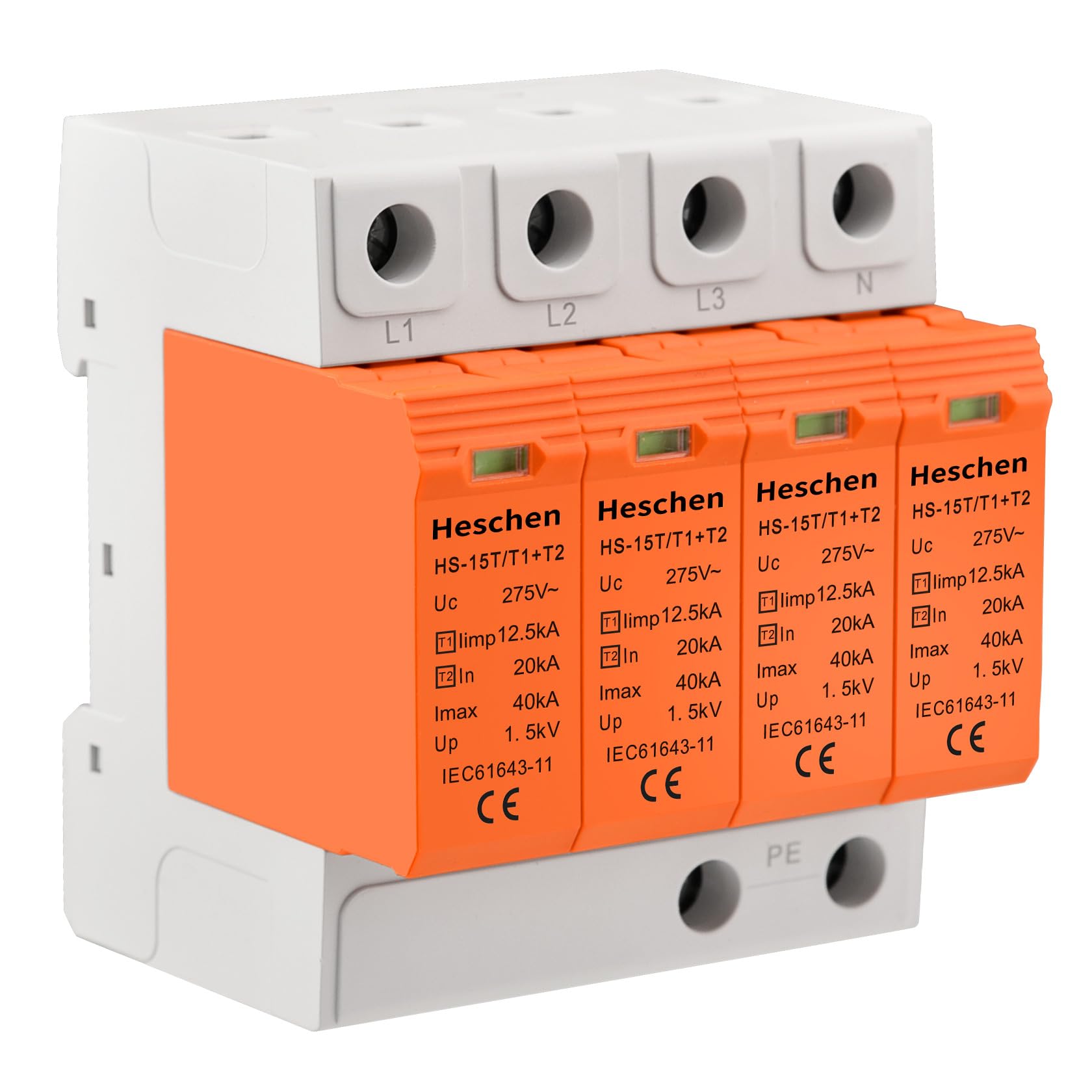 Heschen Surge Protective Device SPD, HS-15T, 4P 275VAC, In 20kA, Iimp 12.5KA, T1+T2 Type, Fire-Proof, Low-Voltage Arrester, 35mm DIN Rail Mounting