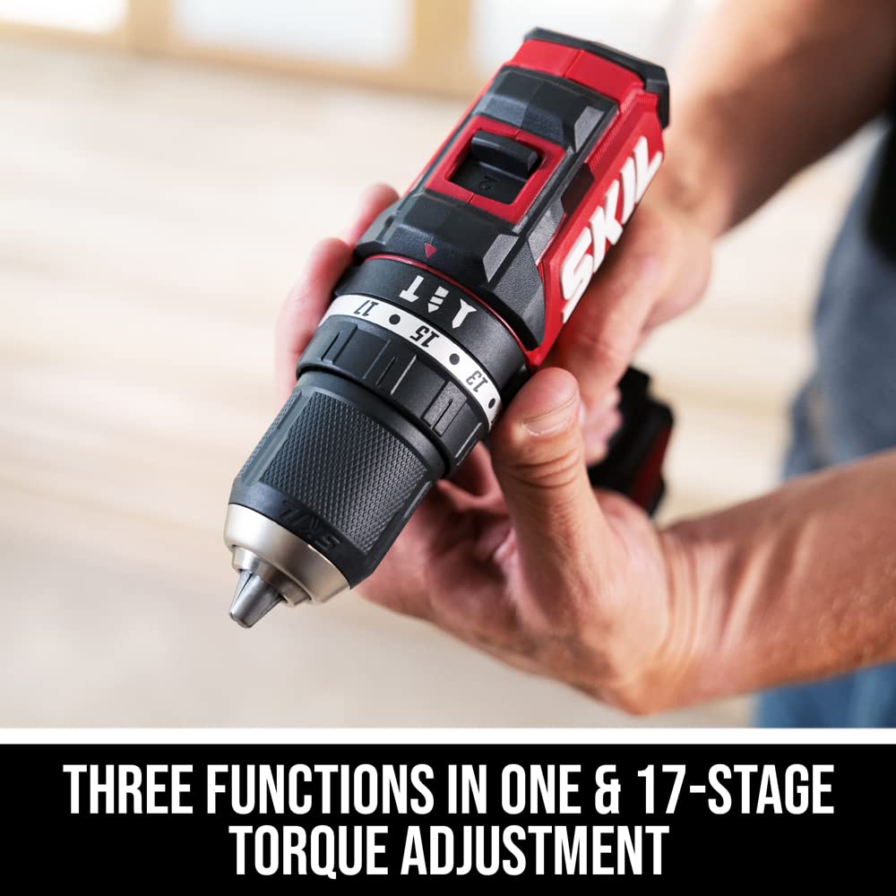 SKIL PWR CORE 12 Brushless 12V 1/2 In. Compact 3-In-1 Varible-Speed Hammer Drill Kit with 1/2'' Keyless Ratcheting Chuck & LED Worklight Includes 2.0Ah Battery and PWR JUMP Charger - HD6290A-10