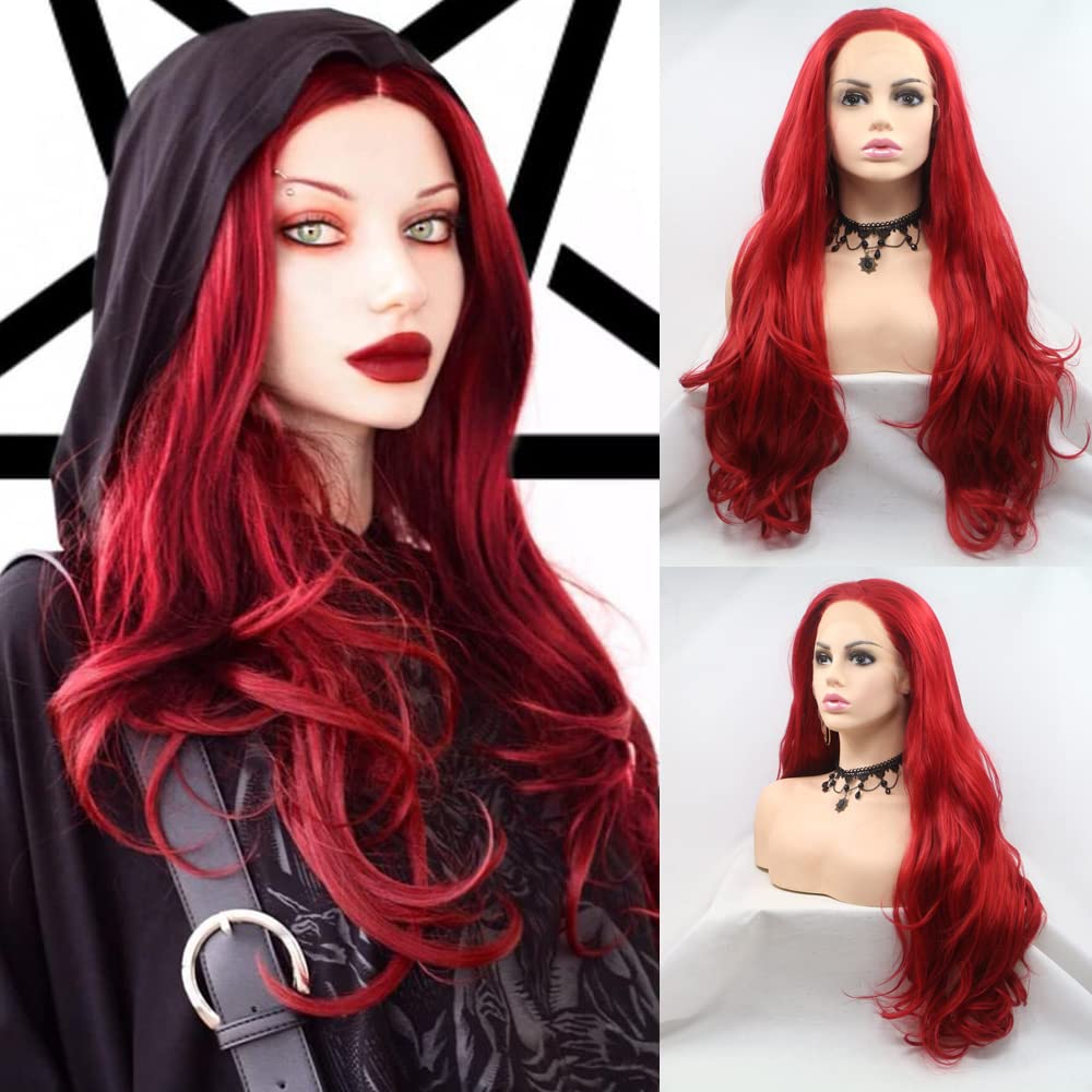 Xiweiya Wig Hot Red Synthetic Lace Front Wig Natural Wavy Soft Christmas Red Hair Heat Resistant Fiber for Women, Girl Drag Queen Cosplay 24 inch
