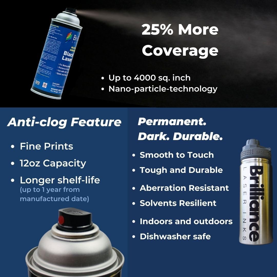 Brilliance Laser Inks 12 Oz Laser Marking Spray - Black, Permanent High Contrast Metal Marker Aerosol for Fiber, YAG, Diode, and CO2 Laser Engraver Machine, BLI101