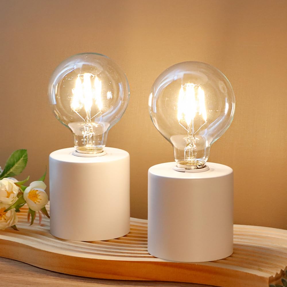 Photo 1 of JHY DESIGN Set of 2 White Table Lamp Battery Powered 7" Tall Cordless Lamp Light with Edison Style Bulb Battery Operated Great for Living Room Bedroom Weddings Parties Patio Events