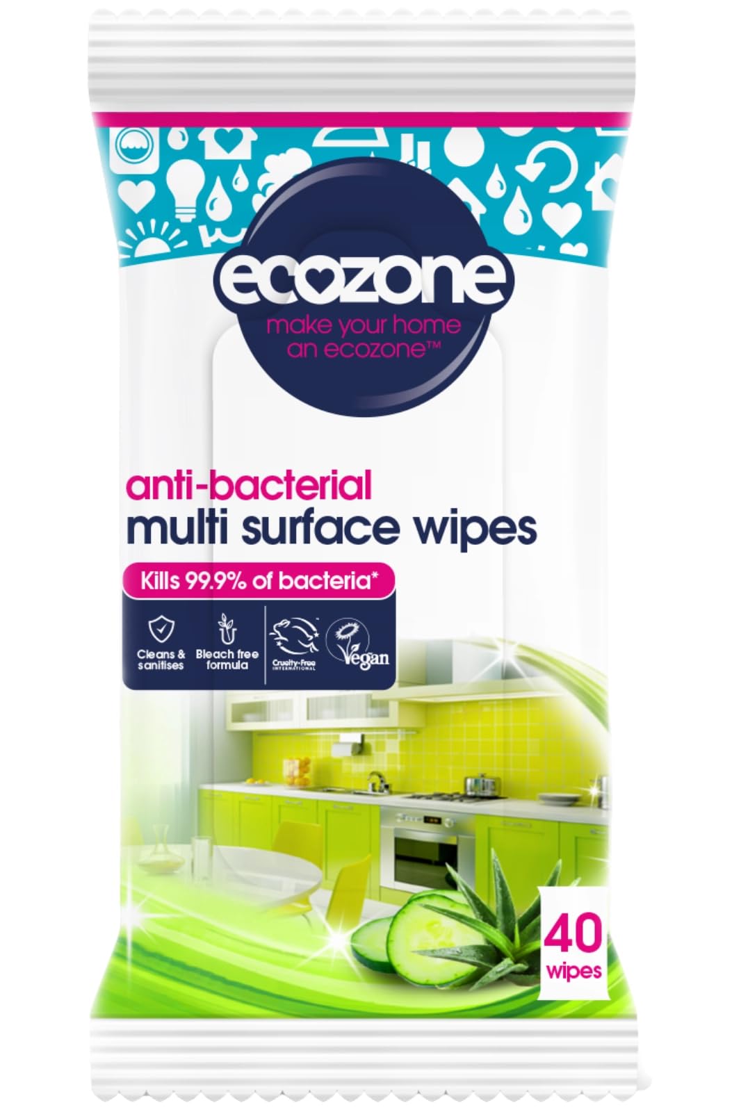 EcoZone Anti-Bacterial Multi-Surface Wipes, Biodegradable Moist Wet Anti Bac Disposable Cleaning Cloths, Sanitising Worktop Natural Vegan Friendly Non Toxic Wipes, Aloe Vera & Cucumber (40 Pack)