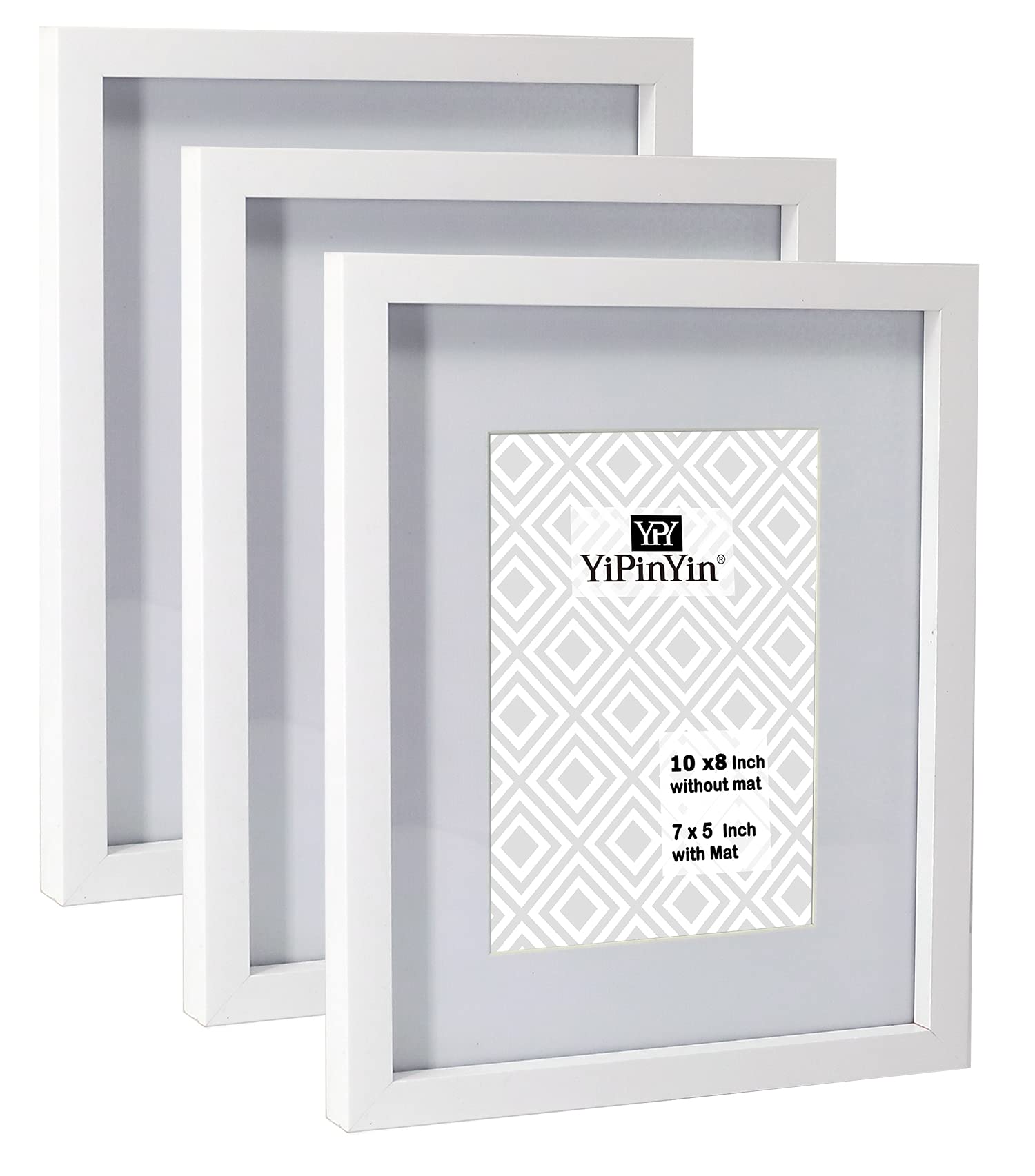 White 8x10 Inch Photo Frames Set of 3 with Mat for 5x7'',Boxed Picture Frame 10x8'' 3Pack With Perspex Window Front for Tabletop or Wallmounted,Picture Frame 7x5''
