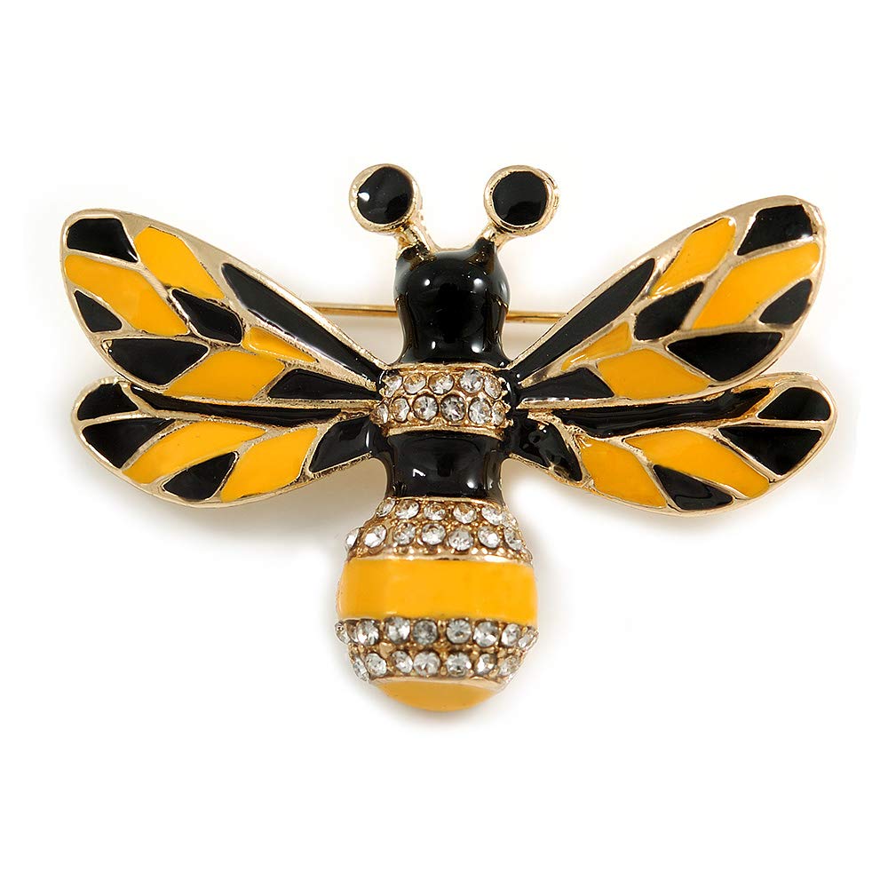 Yellow/Black Enamel Crystal Bee Brooch In Gold Tone - 45mm Across