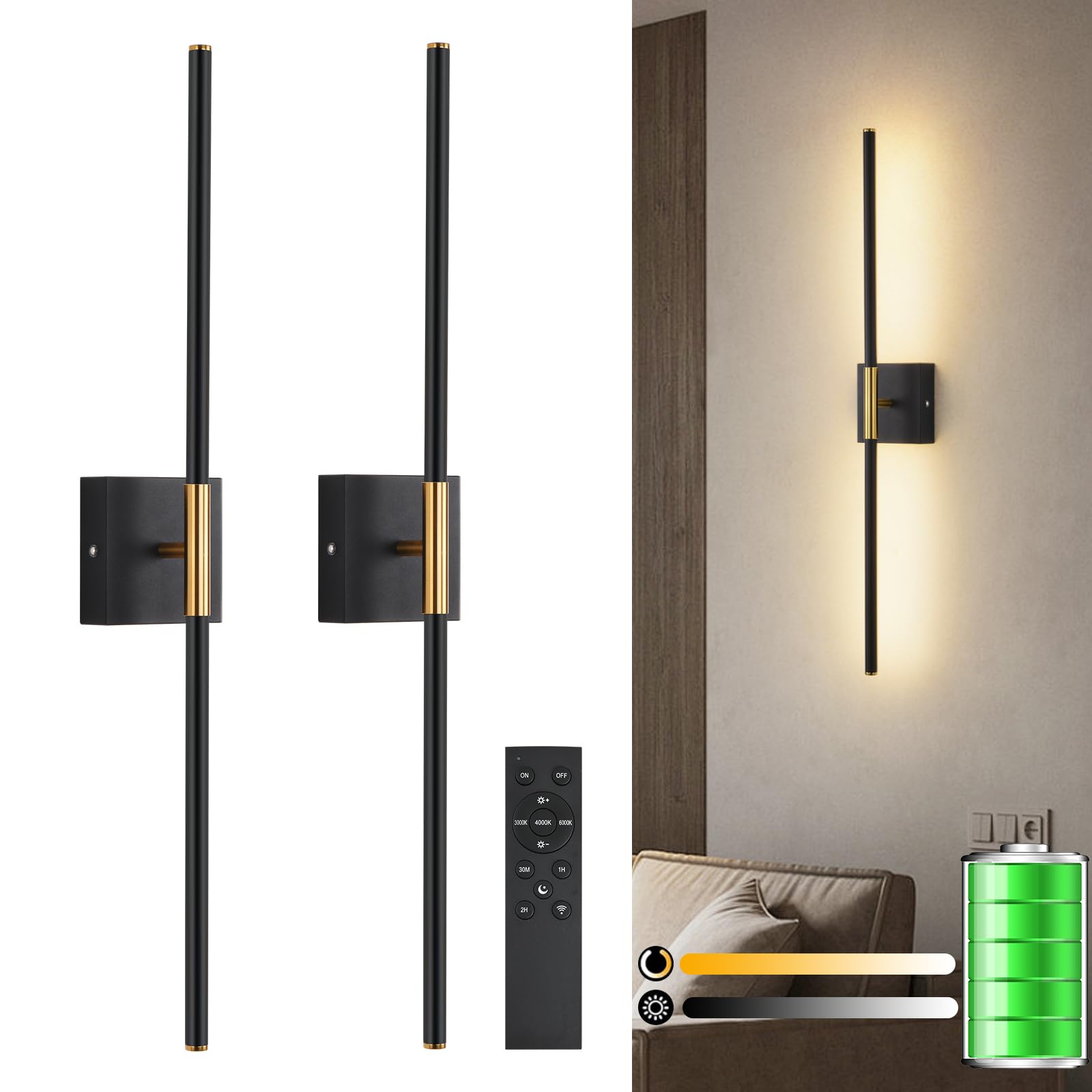 Photo 1 of LED Wireless Wall Sconces Set of Two Dimmable Battery Powered Wall Sconce with Remote Control 360°Rotate Black Gold Cordless USB Rechargeable Wall Light for Living Room Bedroom Hallway 32 Inch 2 Pack