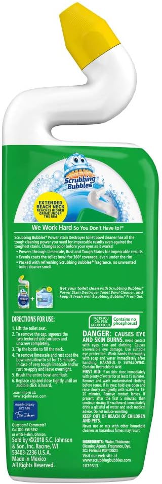Scrubbing Bubbles Toilet Bowl Cleaner and Power Stain Destroyer, Removes Limescale, Hard Water, and Stains. Extended Neck to ensure Freshness, Rainshower Scent, 24 oz: Industrial & Scientific