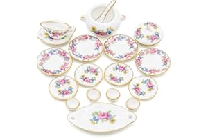Odoria 1/12 Scale Miniature Dinnerware Set 17Pcs Dollhouse Accessories, Pink Rose