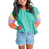 miduo Womens Long Sleeve Tops Color Block Stitching Casual Loose Fit Crew Neck Shirts Blouses