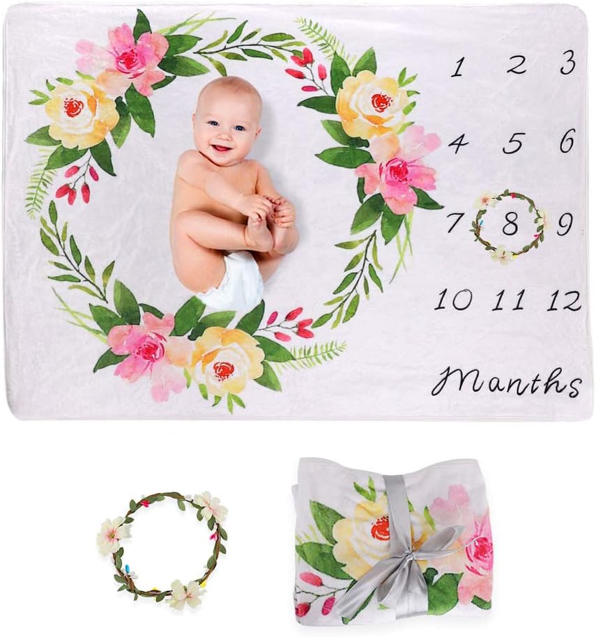 Baby Monthly Milestone Blanket, Dsaren Newborn Photo Prop Backdrop Fleece Infant Swaddling Blanket with Wreath, Best Baby Shower Gifts (Wreath)
