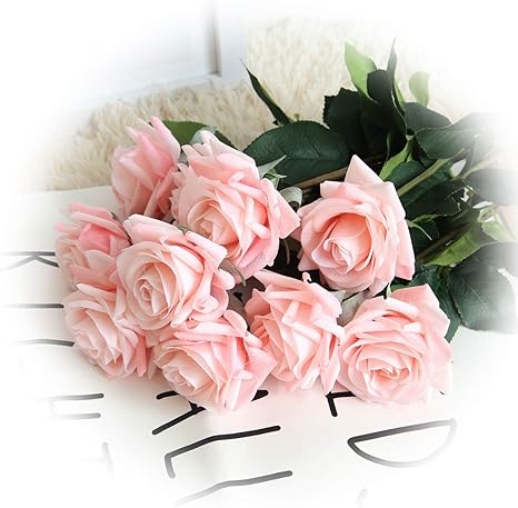 Amazon Cn Knight 人造 花 人造 バラの花 葉付 ゲル コート シルク フラワー結婚式 ブライダル ブーケ 花嫁介添人 家 飾り付け オフィス ベビーシャワー目玉 向け ホワイト 12個 17 花 ライトピンク 造花 オンライン通販