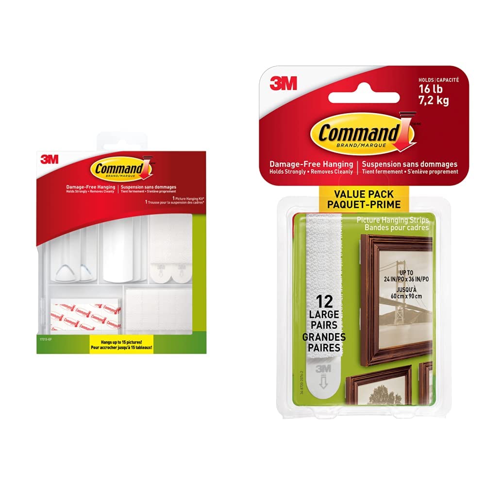 Command Picture Hanging Kit (38 Pieces), Damage-Free Hanging, Hangs up to 15 Pictures & Large Picture Hanging Strip, Value Pack containing 12 Sets, Suitable for Hanging Frames up to 7.2 kg