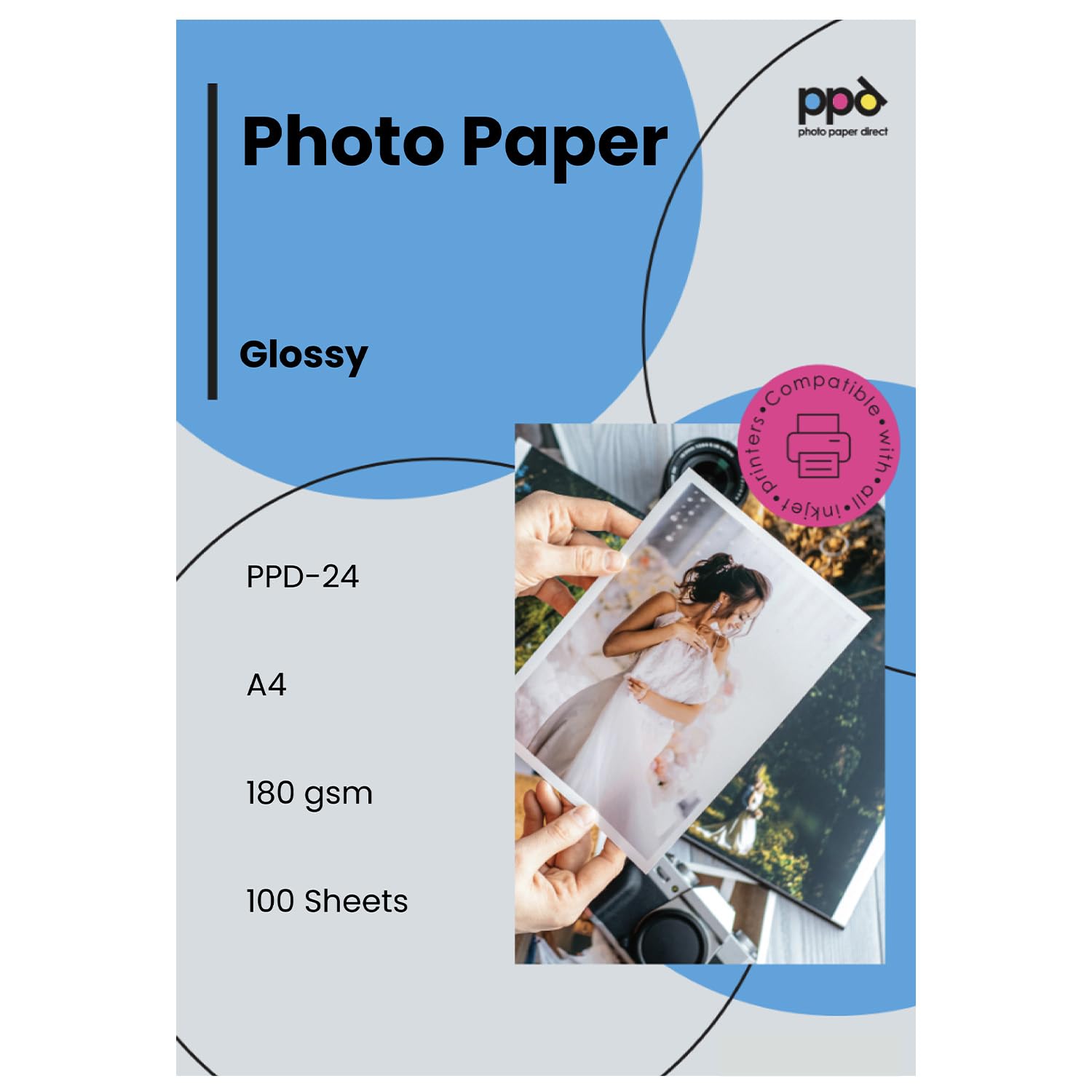 PPD 100 Sheets A4 Inkjet Glossy Photo Paper 180gsm Instant Dry PPD-24-100