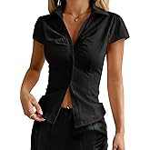 ABINGOO Women Short Sleeve Button Down Shirts Fitted Y2K Lapel Collared Tie Back Blouses Going Out Crop Tops