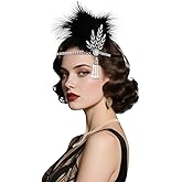 CURASA 1920s Flapper Headpiece Great Gatsby Feather Headband Costume Black Sliver Rhinestone Roaring 20s Jewelry Headdress Leaf Vintage Head Chain Crystal Hair Accessories Wedding Prom Party For Women