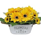 Sunflowers in Pot Artificial Flowers Fake, Faux Silk Flowers Floral Table Centerpiece Decoration, Rustic Potted Greenery for Farmhouse Home Décor