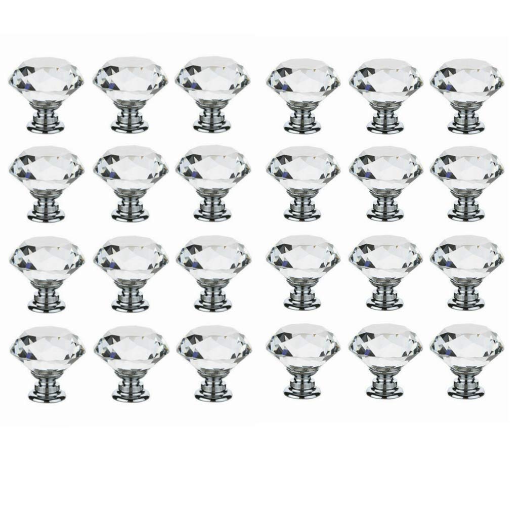 Littleduck 24pcs 30mm Glass Door Knobs Diamond Crystal Dresser Fashion Drawer Cabinet Pull Handles with Screws for Furniture Kitchen Bedroom Home Closet Decor