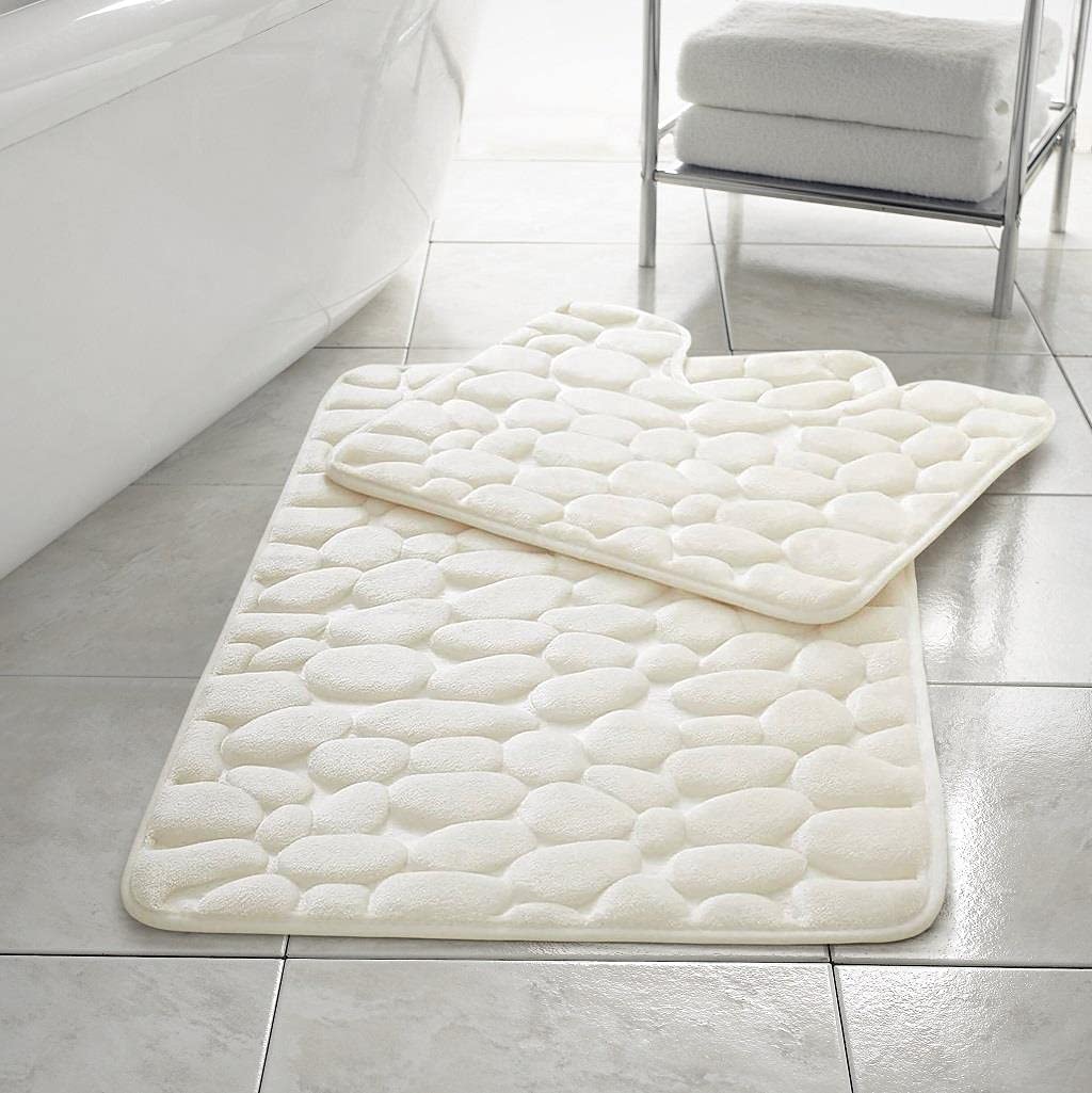 Comfort Collections Memory Foam Pebble Bath Mat Set Pedestal Bathroom Rug 2 Piece Soft Absorbent Non Slip Cream Bath Mat (50CM X 80 CM) & Pedestal Mat (50CM X 40 CM) Approximate