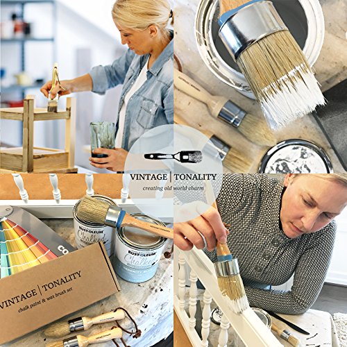 Pro Chalk Paint Brush Set Furniture Paint Brushes For Chalk Paint, Milk Paint, Clear Wax Art Home Decor Large and Small Natural Boar Hair Bristles Round, Oval and Flat Bristle Head by Vintage Tonality - Thumbnail 2