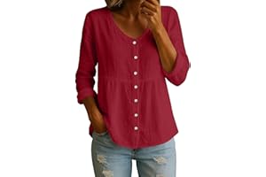 Women's Cotton Linen Tops Long Sleeve Button Down Shirts V Neck Comfy Casual Blouses for Travel Vacation Resort Wear