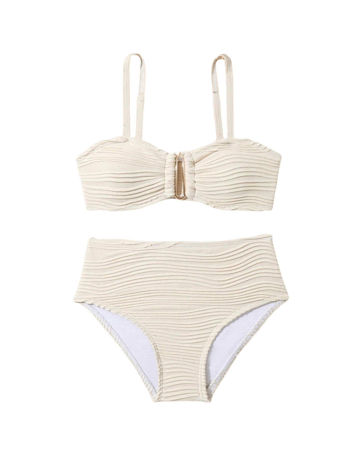 Photo 1 of RoseSeek Girl's High Waisted Bikini Sets 2 Piece Textured Wireless Bathing Suit Spaghetti Strap Boho Swimsuit Beige 11Y