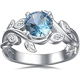 Shusukue March Birthstone Ring Sterling Silver Aquamarine Leaf Ring Promise Ring for Her Round Shaped 6 MM Gemstone Branch Statement Ring Birthday Jewelry Gift for Women Size 8