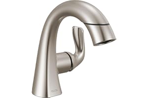 Delta Arvo 1 Hole Pull Down Bathroom Faucet with Sprayer, Brushed Nickel Single Hole Bathroom Sink Faucet with Pull Out Sprayer for Vanity, Push-Pop Drain, SpotShield Stainless 15840LF-SPPD