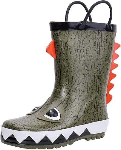 Amazon Hiitave レインブーツ キッズ ハンドル付き 軽量 防水 防滑 女の子 男の子 男女兼用 梅雨対策 通学用 雨靴 長靴 オリーブ ディノサール150 レインブーツ
