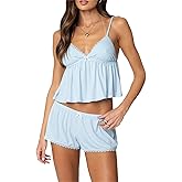 ensswliz Lace Pajama Sets for Women 2 Piece Sexy Sleeveless Cami Tank Top and Shorts Pj Set Y2K Matching Lounge Sleepwear