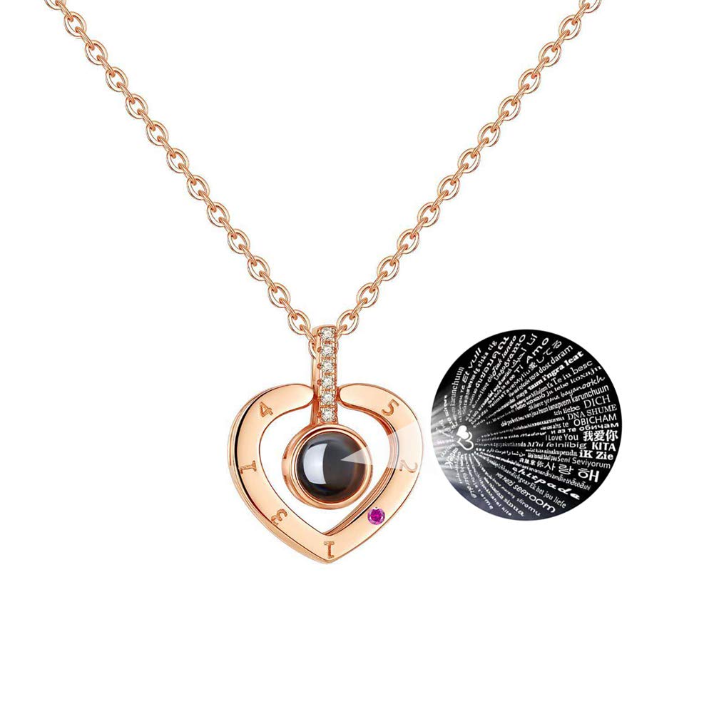 GulCean Necklace That Says I Love You in 100 Languages Projection Pendant Necklace That Says I Love U Different Ways for Women Mom with Meaning in Gift Box (Rose Gold-Heart)