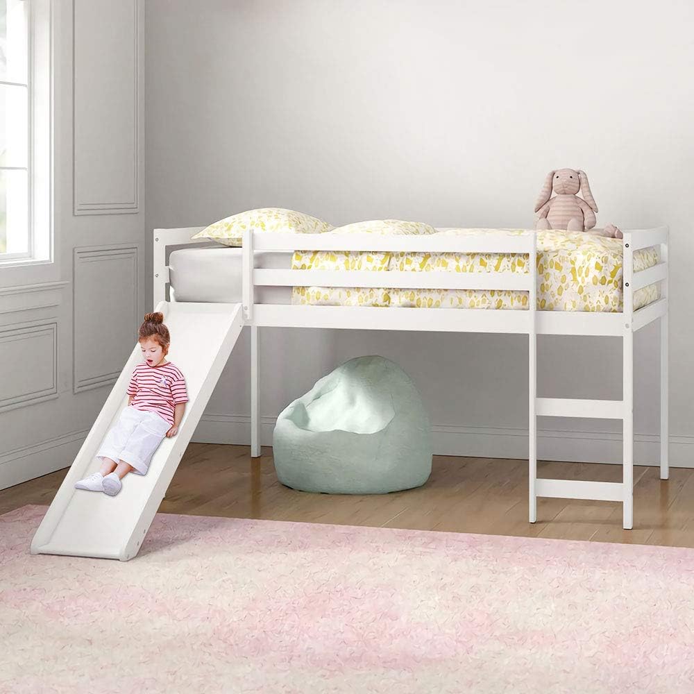 Low bunk Bed, Twin bunk Bed with Slide and Ladder for Kids, Toddlers White