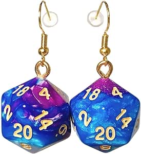 d20 20-Sided Polyhedral Dice Earrings - Hook with Earnuts (Blue-Purple Swirl)