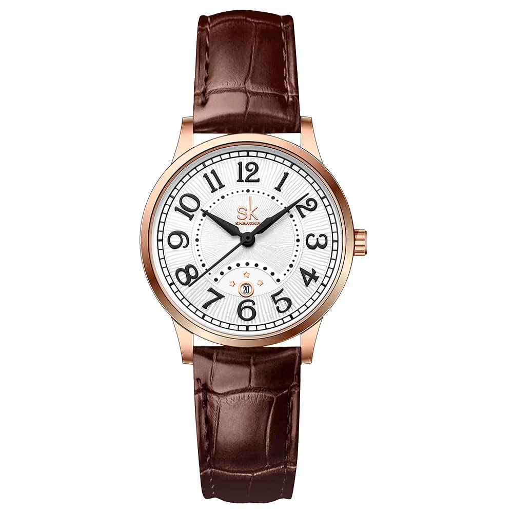 SHENGKE SK Business Classic Women Watch with Genuine Leather Stainless Steel Band Elegant Ladies Watch (Rosegold-Brown)
