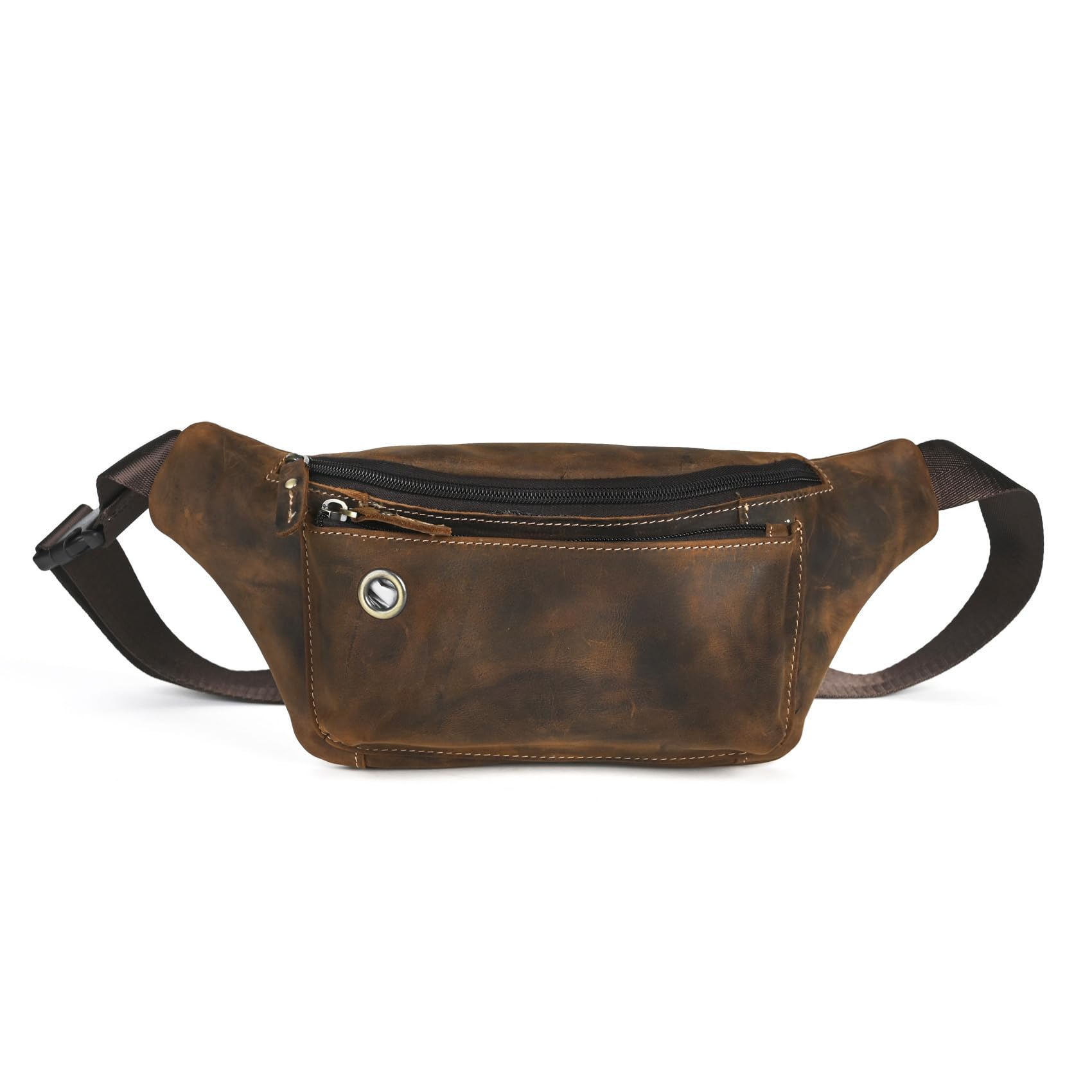 Handadsume Canvas + Genuine Leather Hiking Riding Travel Fanny Waist Pack Small Phone Belt Pouch for Men Women FB811-29 (100% Leather-x8138- Brown)