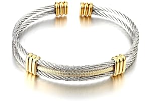 COOLSTEELANDBEYOND Men Women Stainless Steel Twisted Cable Adjustable Cuff Bangle Bracelet