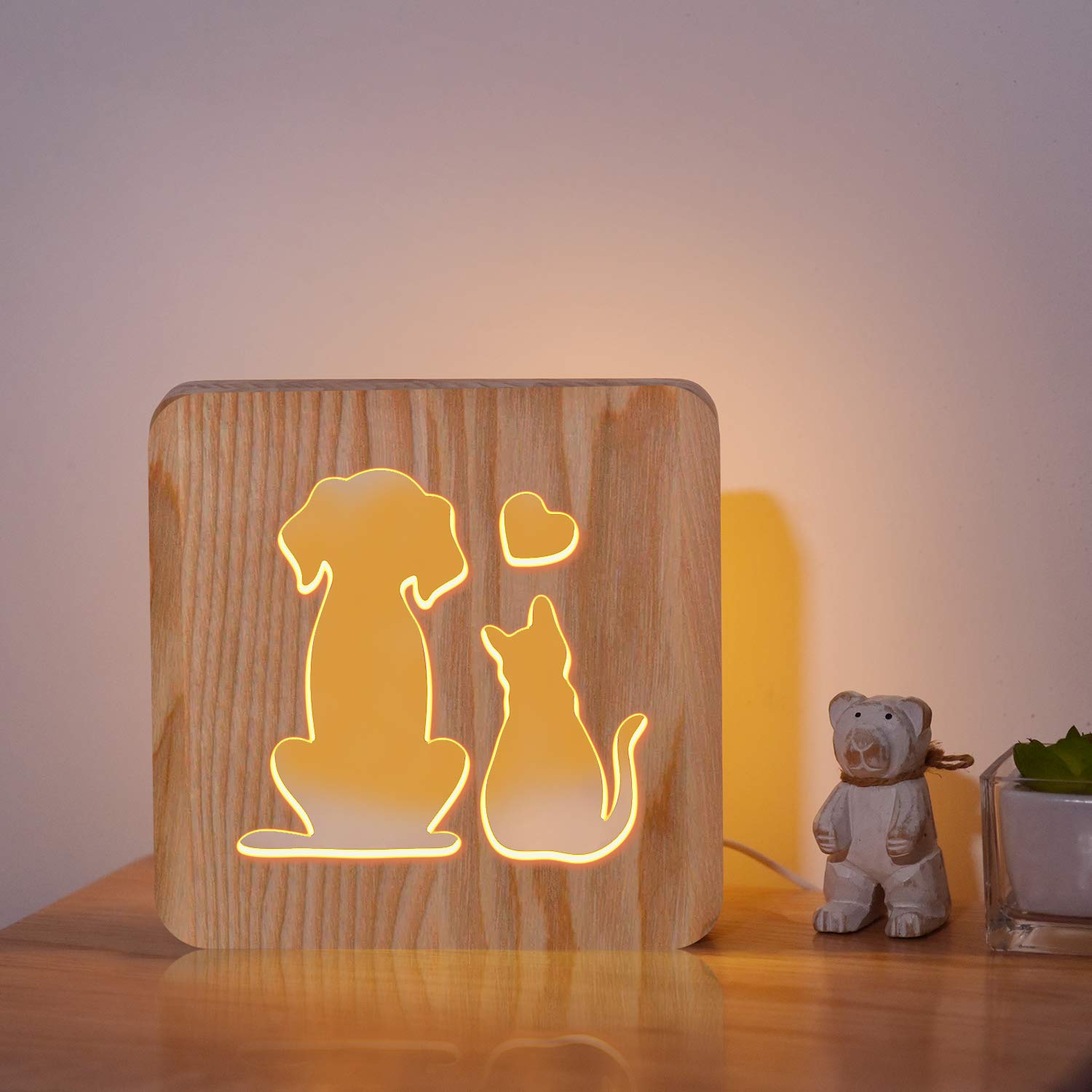 CooPark Dog and Cat Love Bedside Lamp, 3D Optical Cute Animal LED Wood Night Light, Best Gift for Pet Lover Friends, Desk Table Sleep Light Children Room Decoration