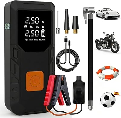 Arranque de bateria de carro de 12V (gasolina/diesel) com compressor de ar portátil de 12000mAh 150PSI, power bank de carga rápida de 18W, insuflador de pneus com lanterna LED para bolas de mota