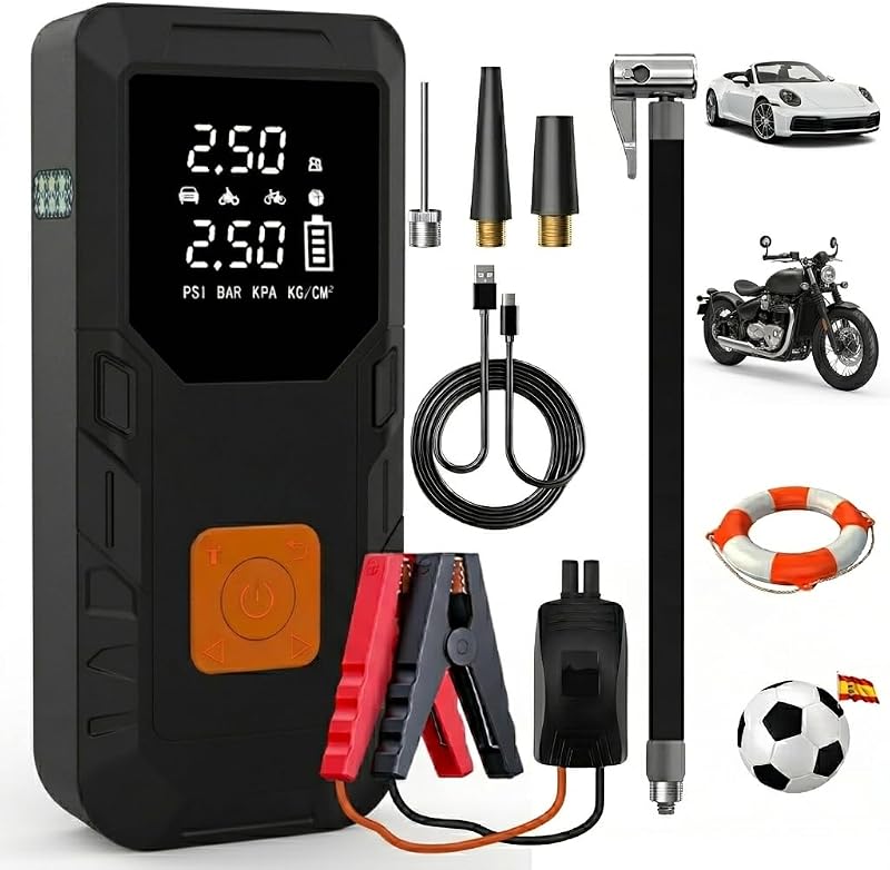 Arrancador de Baterías Coche 12V (Gasolina/Diésel) con 12000mAh Compresor Aire Portátil 150PSI, Power Bank 18W Carga Rápida, Inflador Neumáticos Coche con Linterna LED para Moto Pelotas