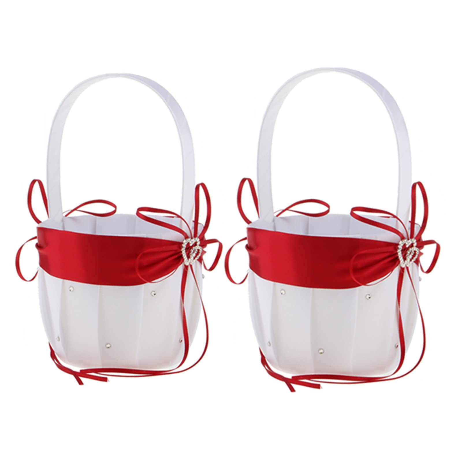 Photo 1 of 2PCS Wedding Flower Girl Baskets,White Satin Flower Storage Basket with Double Heart Rhinestone Craft for Engagement Ceremony Party Decor (Red)