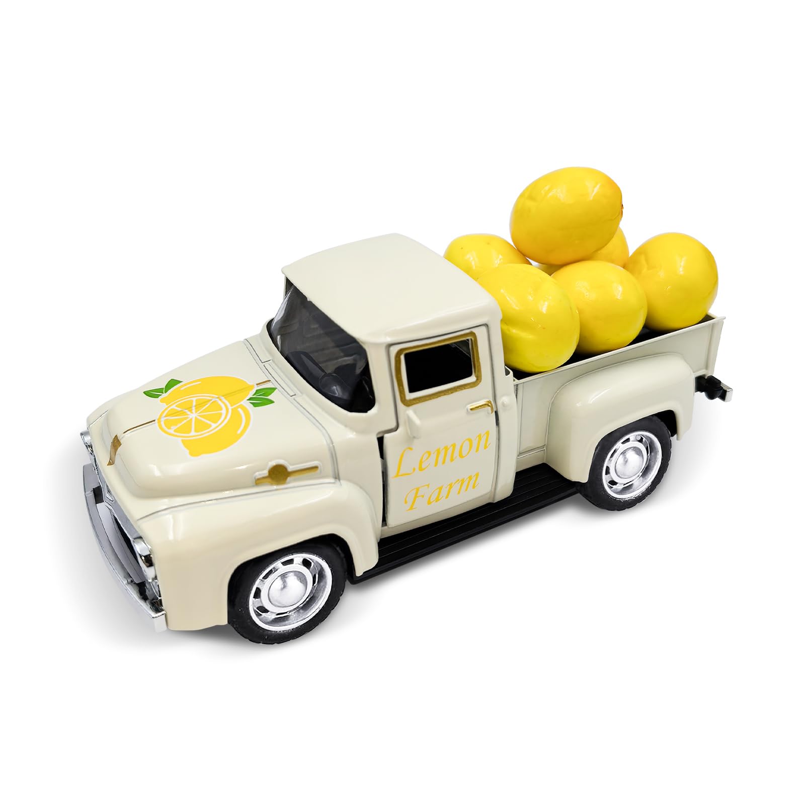 Photo 1 of Lemon Party Decorations Metal Lemon Truck Decor with Mini Fake Lemons, Lemonade Stand Decorations Farmhouse Tabletop Centerpiece Summer Tiered Tray Decor for Home Kitchen Amalfi Coast Party, Cream