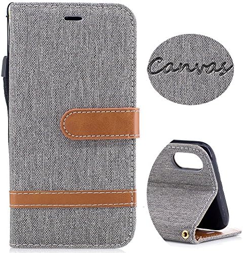 Wallet Leather Case for iPhone X, Denim Canvas Case with Card Slots &amp; Kickstand &amp; Wrist Strap, 360 Full Body Protective Embedded Magnetic Flip Folio Cover for iPhone X Edition /iPhone 10 (5.8) - Grey