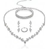 Hapibuy Crystal Necklace Earrings Bracelet Ring Set Bridal Wedding Jewelry Set Rhinestone Choker Necklace For Brides Bridesmaid Women's Prom Costume Party Accessories