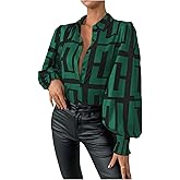 SweatyRocks Women's Graphic Print Long Lantern Sleeve Collar Neck Button Front Blouse Shirt Top