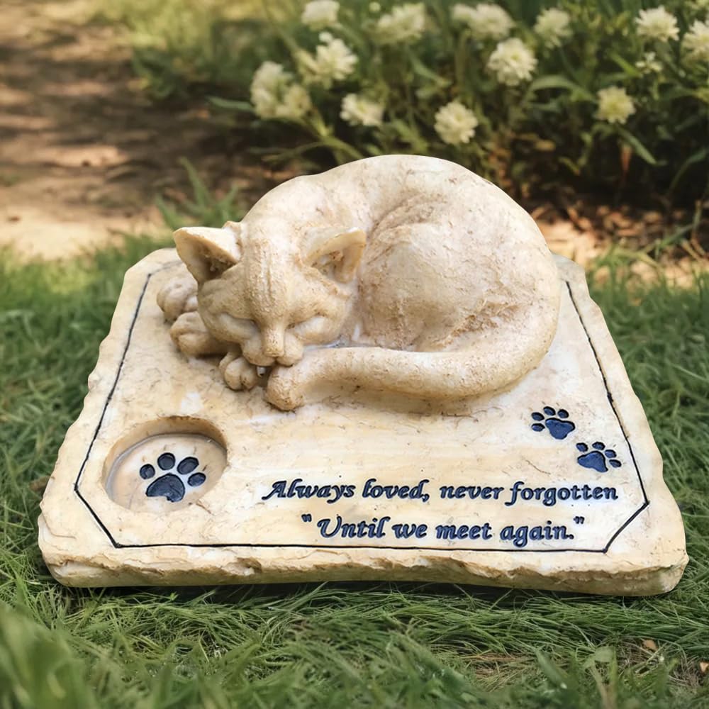 Pet Memorial Stone Marker for Cat, 3D Cat Sculpture Garden Stone for Loved Pet, Cat Grave Marker Stone Headstone Tombstone, Garden pet Decoration Loss of Cat Gifts