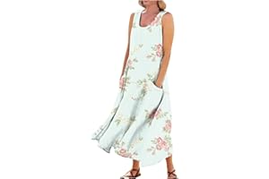 ZXCTKA Summer Dresses for Women 2024,Casual Linen Print Boho Sundress O Neck Sleeveless Pockets Beach Vacation Maxi Dresses