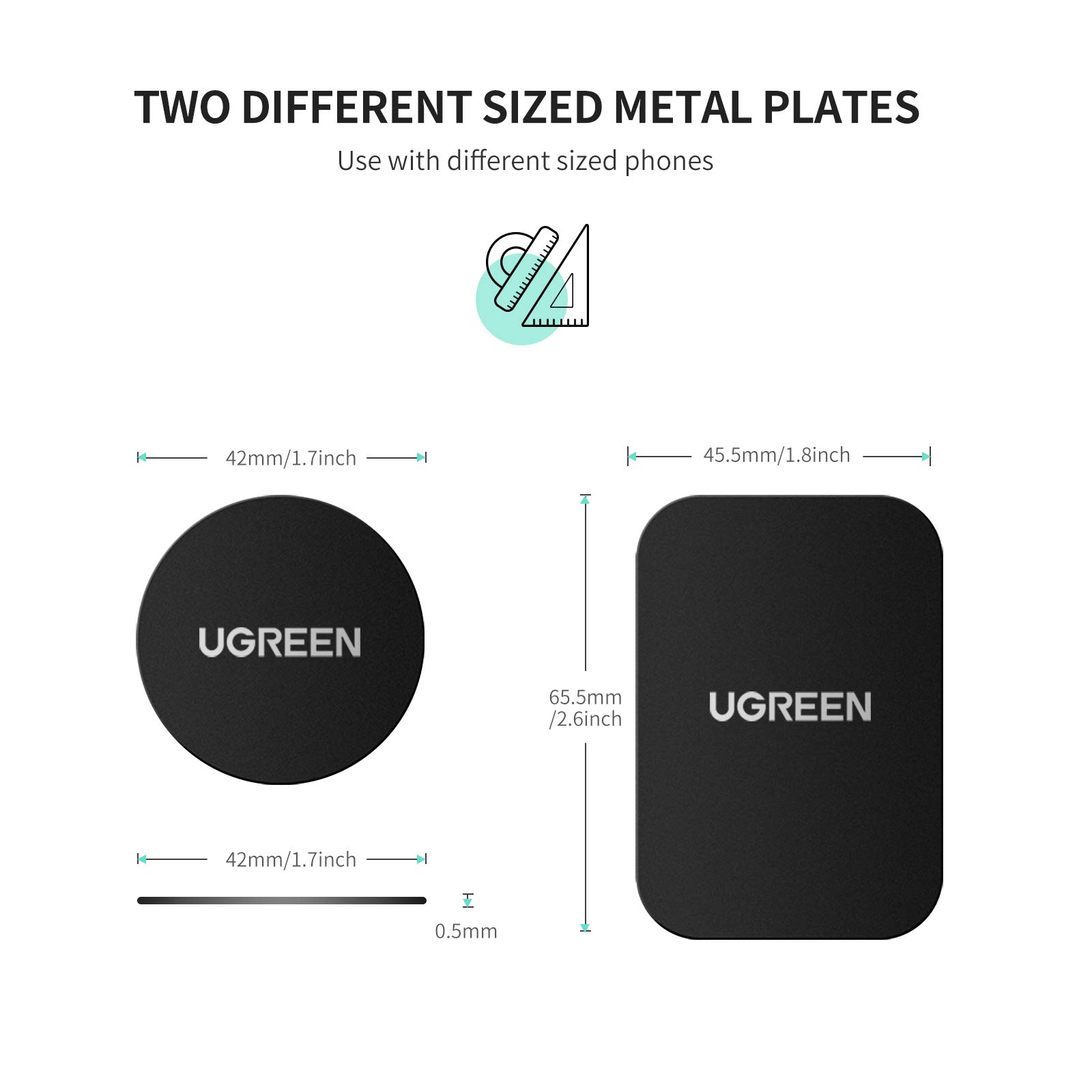 UGREEN Metallplatte für Magnet KFZ Handy Halterung Metallplättchen selbstklebend Handyhalterung Metall Platte für Handy Magnethalterung 3M Kleber KFZ Handyhalter Magnet 4 Stück 2 Rund und 2 Rechteckig 6