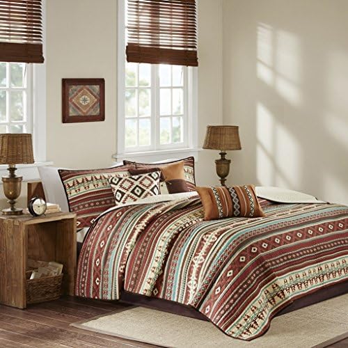 Southwest Desert Geometric Turquoise & Cinnamon Red Full / Queen Quilt, Shams & Toss Pillows (6 Piece Bed in A Bag)