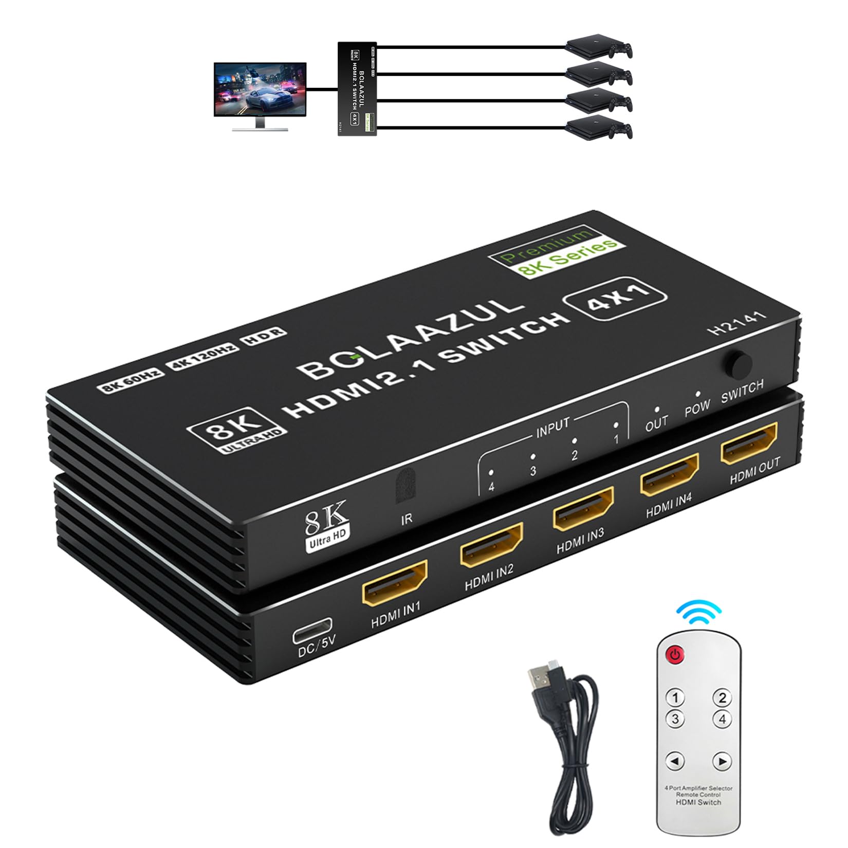 BolAAzuL 8K@60Hz HDMI 2.1 4-Port Splitter Switcher - 4 in 1 out, 4K 120Hz, 2K 144Hz, HDR, 48Gbps, CEC, Dolby Vision, for Xbox Series X PS5