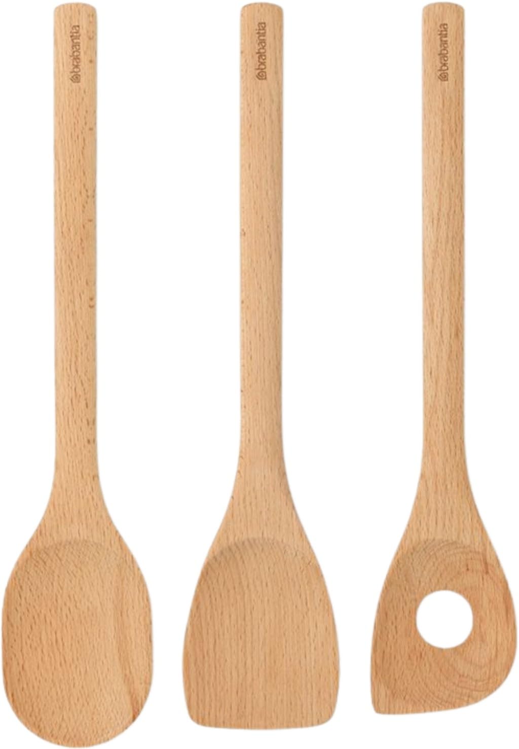 Brabantia 3 Piece Wooden Kitchen Utensil Set (Beech Wood) Spoon, Spatula & Corner Spoon - Sustainable Cookware