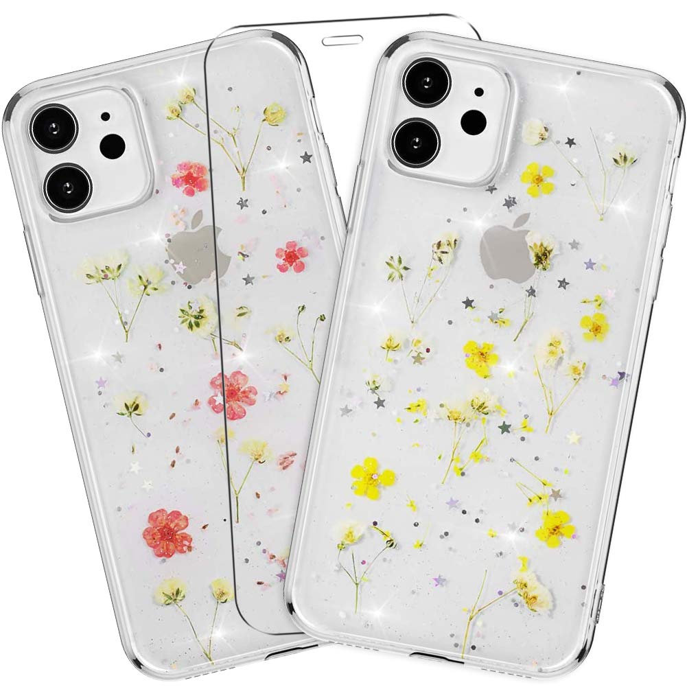 MadBee [2 Packs Compatible iPhone 11 Case [with Tempered Glass Screen Protector], Dried Flowers Clear Sparkle Glitter Soft TPU Silicone Gel Case Cover for iPhone 11 6.1 Inch - Yellow + Red